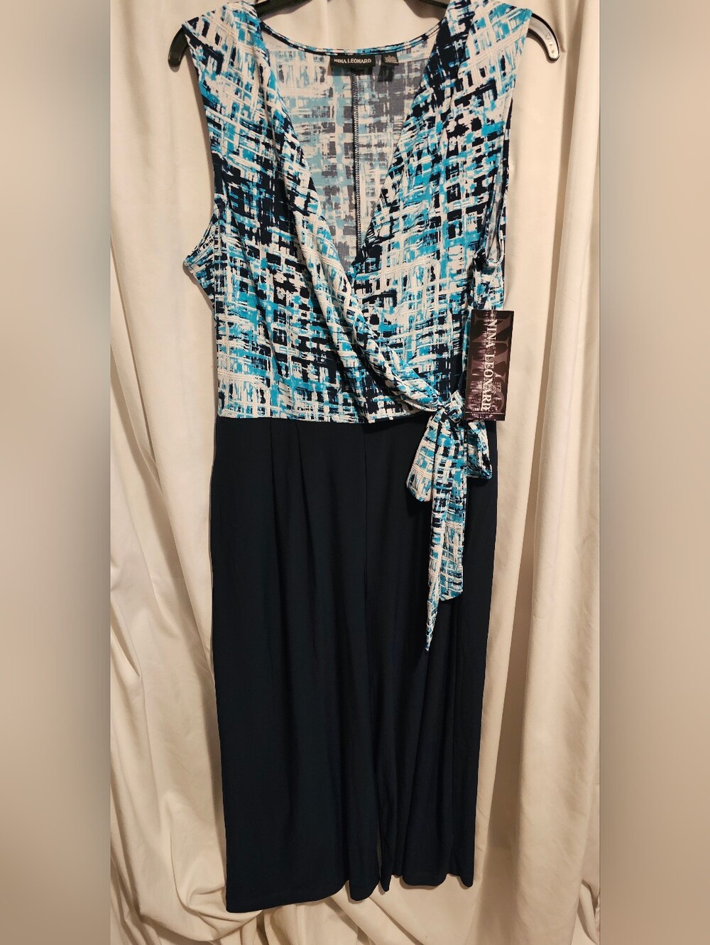 New Nina London Blue and Navy Printed Wrap-Top Midi Pants Jumpsuit Sz. L